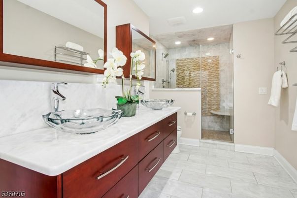 Bathroom, Dual Sink Vanities, Glass Shower, Interior, Recessed Lighting