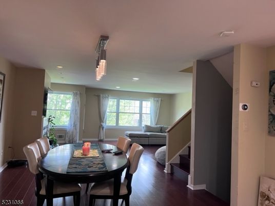 Dining room, Interior, Pendant Lights, Recessed Lighting, Wood Texture Flooring