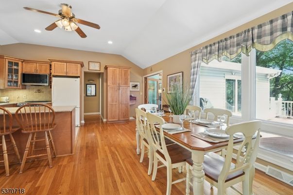 Dining room, Interior, Kitchen, Recessed Lighting, Wood Texture Flooring