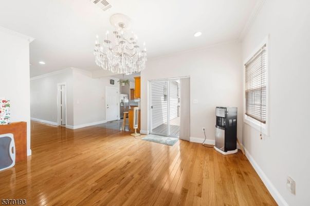 Chandelier, Empty room, Interior, Recessed Lighting, Wood Texture Flooring