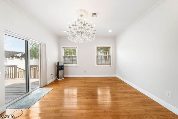 Chandelier, Empty room, Interior, Recessed Lighting, Wood Texture Flooring
