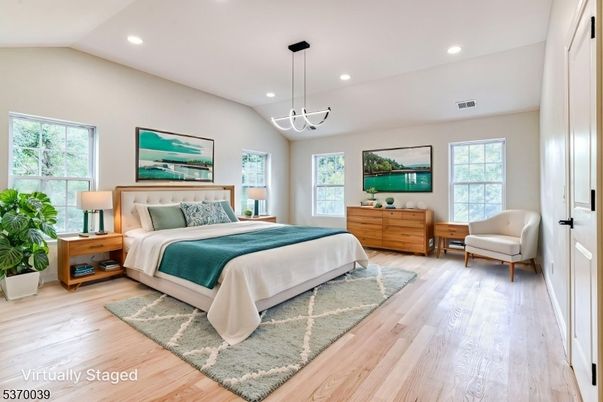 Bedroom, Interior, Pendant Lights, Recessed Lighting, Wood Texture Flooring