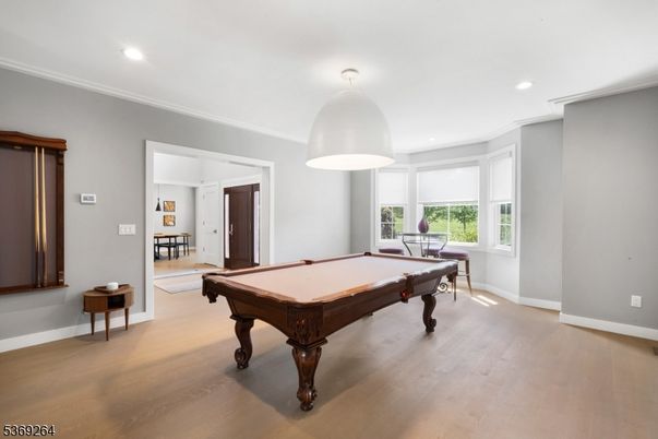 Billiard Table, Game Room, Interior, Pendant Lights, Recessed Lighting, Wood Texture Flooring