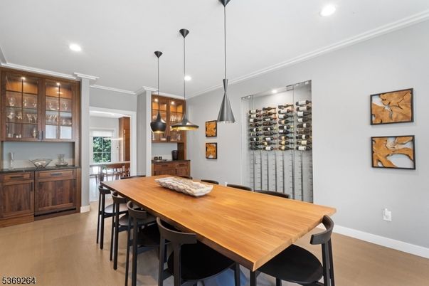 Dining room, Interior, Pendant Lights, Recessed Lighting, Wood Texture Flooring