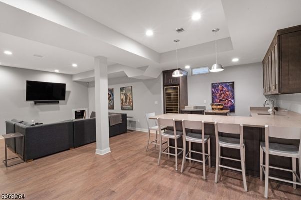 Dining room, Interior, Pendant Lights, Recessed Lighting, Wood Texture Flooring