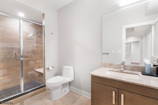Bathroom, Glass Shower, Interior, Recessed Lighting, Wood Texture Flooring