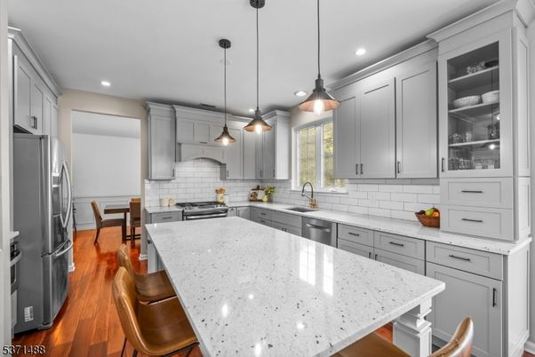 Interior, Kitchen, Pendant Lights, Recessed Lighting, Stainless Steel Appliances, Wood Texture Flooring