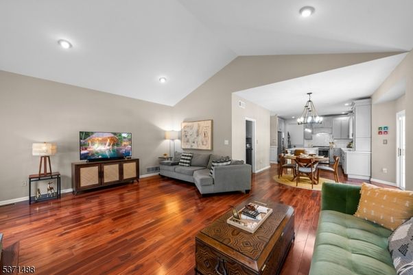 Chandelier, Dining room, Interior, Kitchen, Living room, Recessed Lighting, Wood Texture Flooring