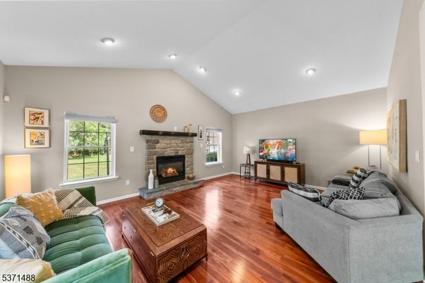 Fireplace, Interior, Living room, Recessed Lighting, Wood Texture Flooring