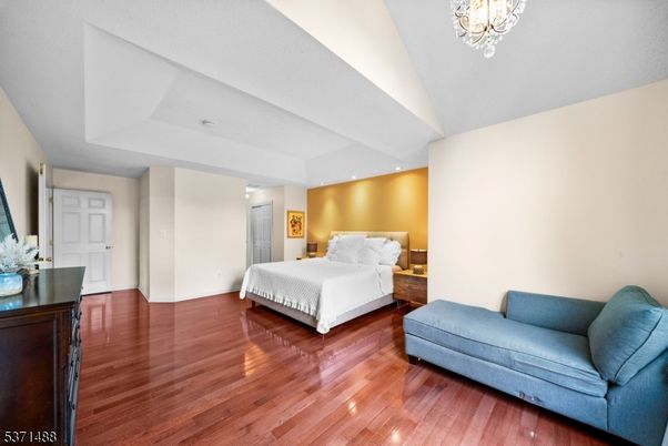 Bedroom, Chandelier, Interior, Recessed Lighting, Wood Texture Flooring
