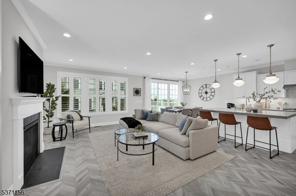 Dining room, Fireplace, Interior, Kitchen, Living room, Pendant Lights, Recessed Lighting, Wood Texture Flooring