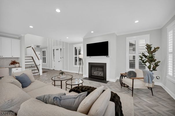 Fireplace, Interior, Living room, Recessed Lighting, Wood Texture Flooring