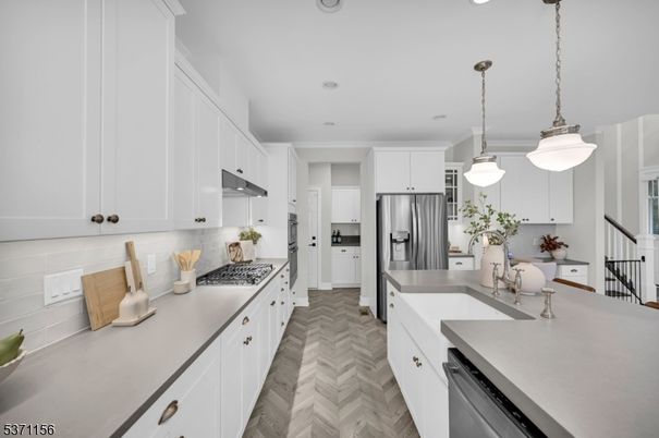 Interior, Kitchen, Pendant Lights, Recessed Lighting, Stainless Steel Appliances, Wood Texture Flooring
