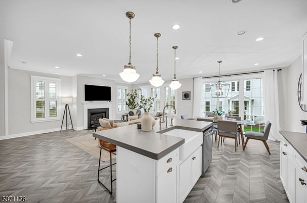 Dining room, Fireplace, Interior, Kitchen, Living room, Pendant Lights, Recessed Lighting, Wood Texture Flooring