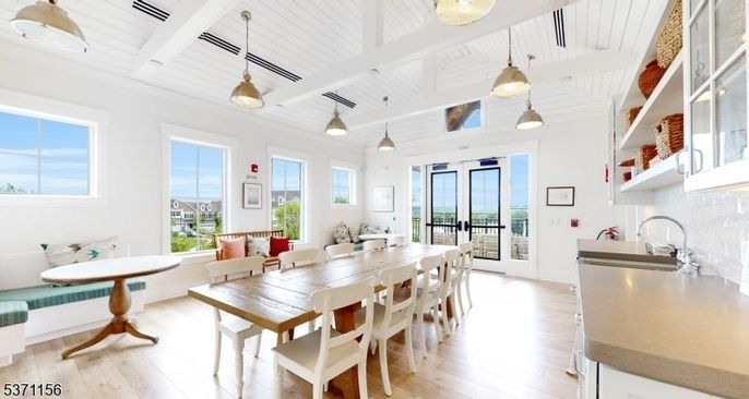 Dining room, Interior, Pendant Lights, Wood Texture Flooring