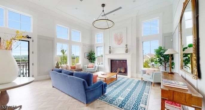 Fireplace, Interior, Living room, Pendant Lights, Wood Texture Flooring