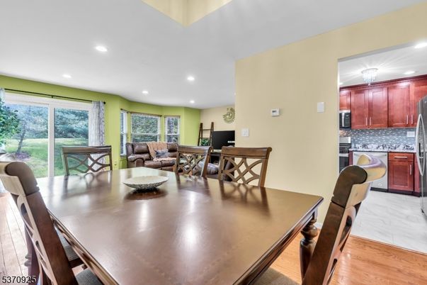 Dining room, Interior, Kitchen, Living room, Marble, Recessed Lighting, Wood Texture Flooring