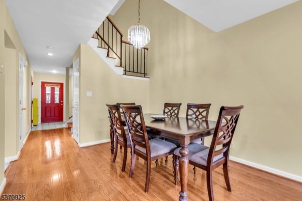 Dining room, Interior, Pendant Lights, Recessed Lighting, Wood Texture Flooring