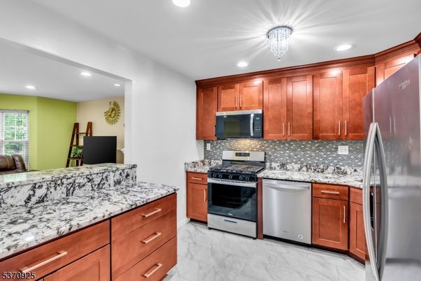 Interior, Kitchen, Marble, Recessed Lighting, Stainless Steel Appliances