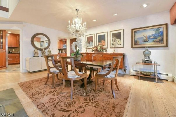 Chandelier, Dining room, Interior, Recessed Lighting, Wood Texture Flooring