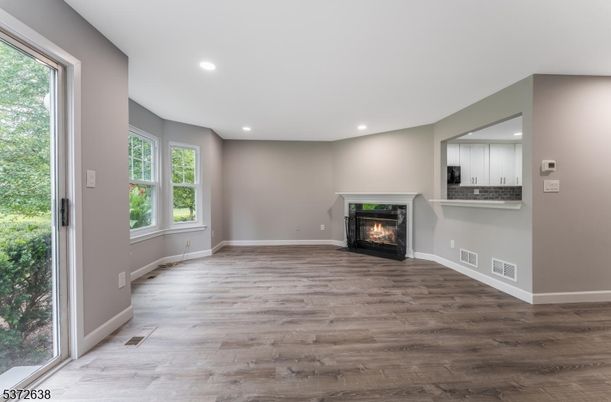 Empty room, Fireplace, Interior, Recessed Lighting, Wood Texture Flooring