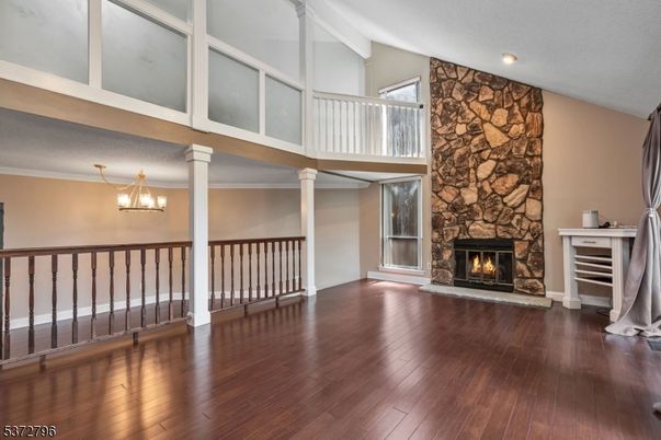 Chandelier, Fireplace, Interior, Recessed Lighting, Wood Texture Flooring