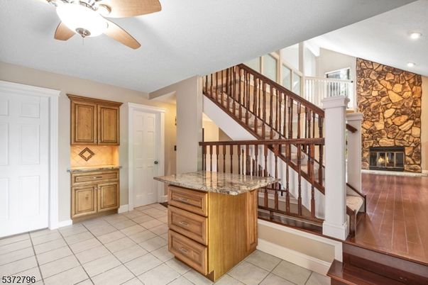 Fireplace, Interior, Recessed Lighting, Stone Walls