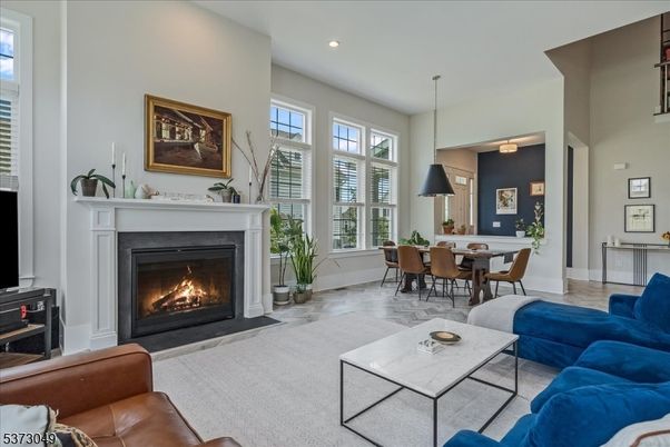 Dining room, Fireplace, Interior, Living room, Pendant Lights, Recessed Lighting