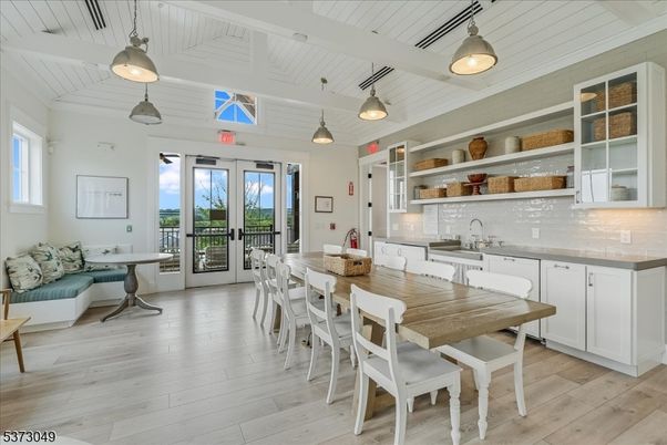 Dining room, Interior, Pendant Lights, Wood Texture Flooring