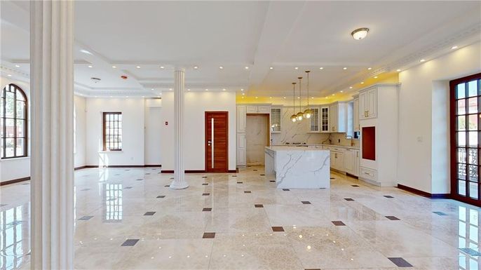 Interior, Kitchen, Marble Walls, Pendant Lights, Recessed Lighting