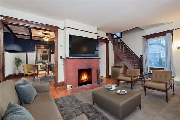 Dining room, Fireplace, Interior, Living room, Wood Texture Flooring