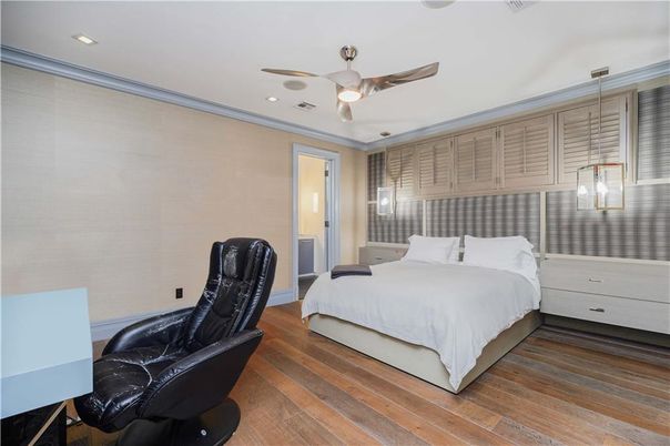 Bedroom, Interior, Pendant Lights, Recessed Lighting, Wood Texture Flooring