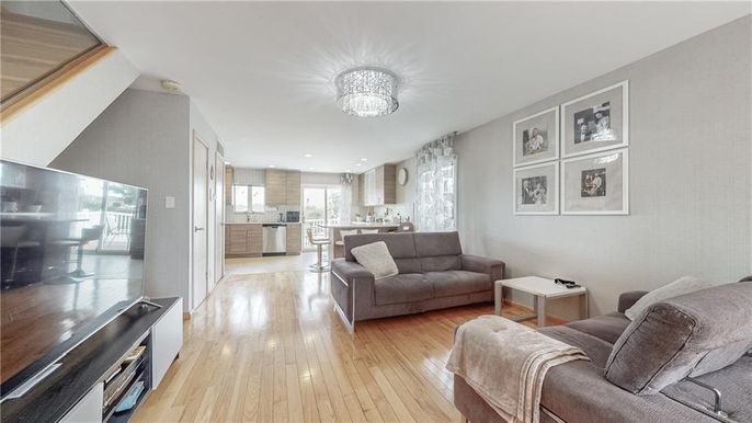 Chandelier, Interior, Kitchen, Living room, Recessed Lighting, Stainless Steel Appliances, Wood Texture Flooring