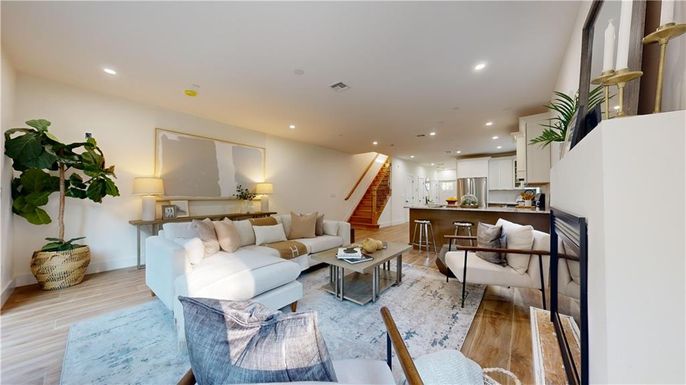 Interior, Kitchen, Living room, Recessed Lighting, Stainless Steel Appliances, Wood Texture Flooring