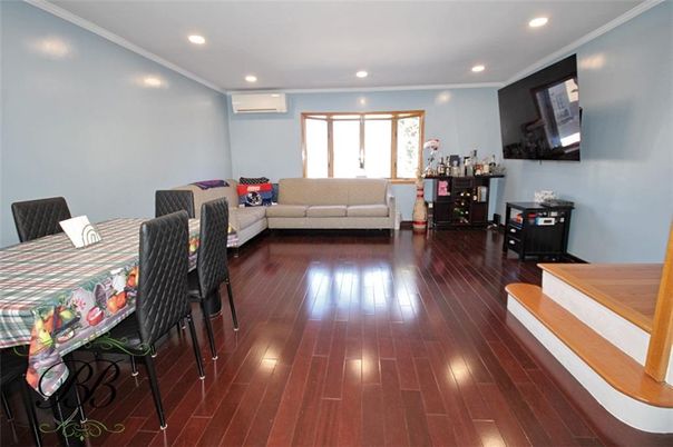 Dining room, Interior, Living room, Recessed Lighting, Wood Texture Flooring