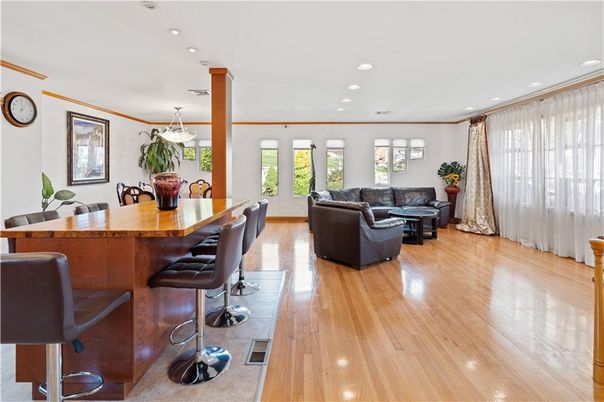 Dining room, Interior, Living room, Recessed Lighting, Wood Texture Flooring