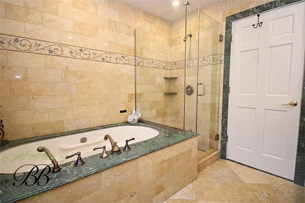 Bathroom, Glass Shower, Interior, Recessed Lighting, Stone Walls