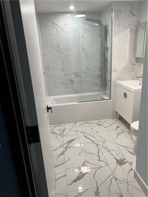 Bathroom, Glass Shower, Interior, Marble, Marble Walls, Recessed Lighting