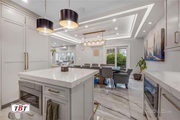 Dining room, Interior, Kitchen, Marble, Pendant Lights, Recessed Lighting