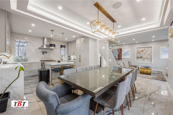 Dining room, Interior, Kitchen, Marble, Marble Walls, Pendant Lights, Recessed Lighting