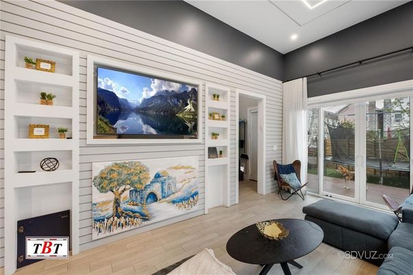 Fireplace, Interior, Recessed Lighting, Wood Texture Flooring