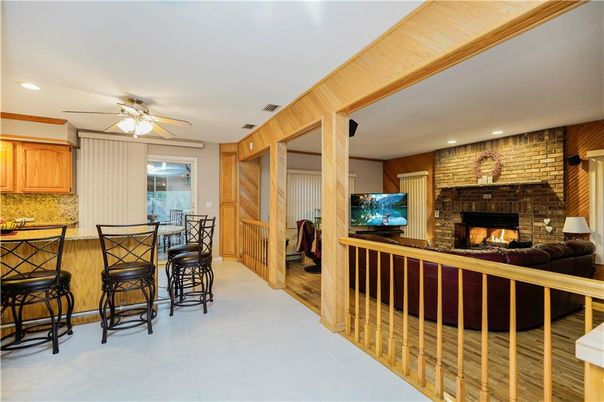 Fireplace, Interior, Recessed Lighting, Stone Walls