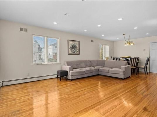 Dining room, Interior, Living room, Pendant Lights, Recessed Lighting, Wood Texture Flooring