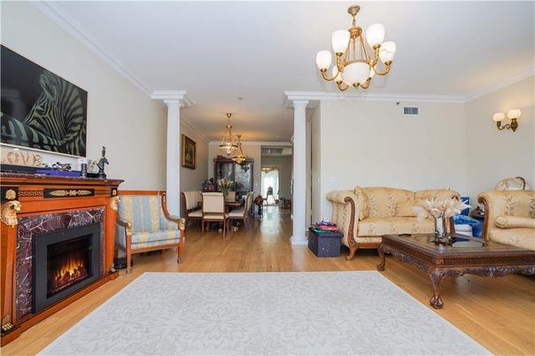 Chandelier, Dining room, Fireplace, Interior, Living room, Pendant Lights, Wood Texture Flooring