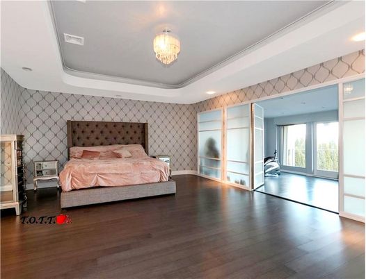 Bedroom, Chandelier, Interior, Recessed Lighting, Wood Texture Flooring