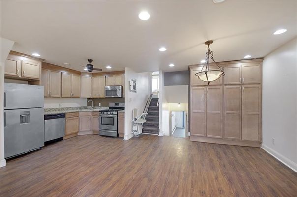 Interior, Kitchen, Pendant Lights, Recessed Lighting, Stainless Steel Appliances, Wood Texture Flooring