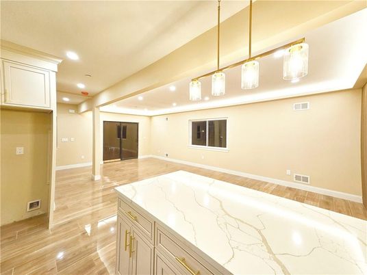 Empty room, Interior, Pendant Lights, Recessed Lighting, Wood Texture Flooring