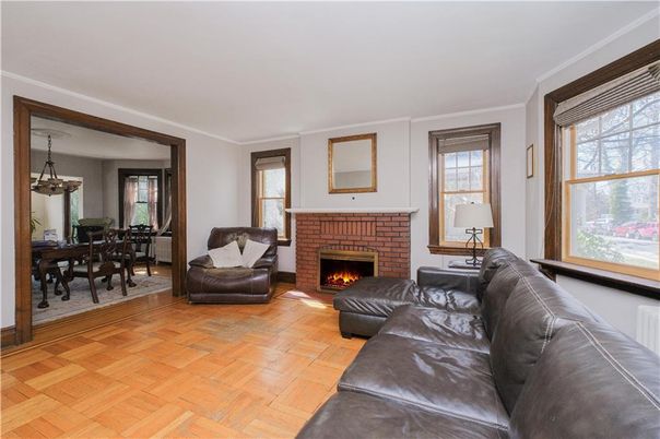 Dining room, Fireplace, Interior, Living room, Pendant Lights, Wood Texture Flooring