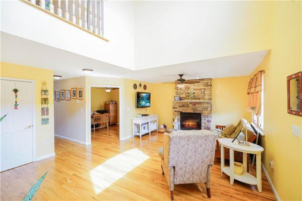 Dining room, Fireplace, Interior, Living room, Stone Walls, Wood Texture Flooring