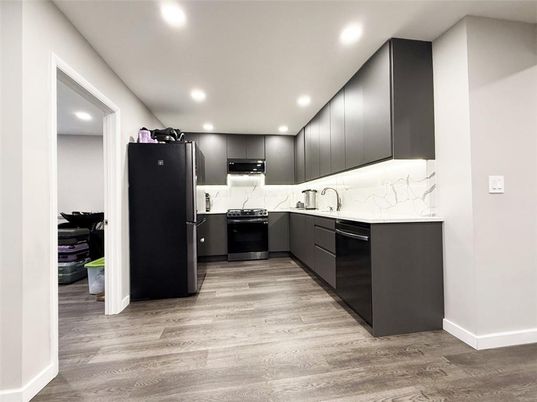 Interior, Kitchen, Marble Walls, Recessed Lighting, Wood Texture Flooring